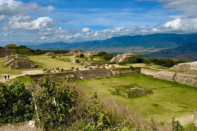 The Main Plaza at Monte Alban seen down its length, platforms along both sides