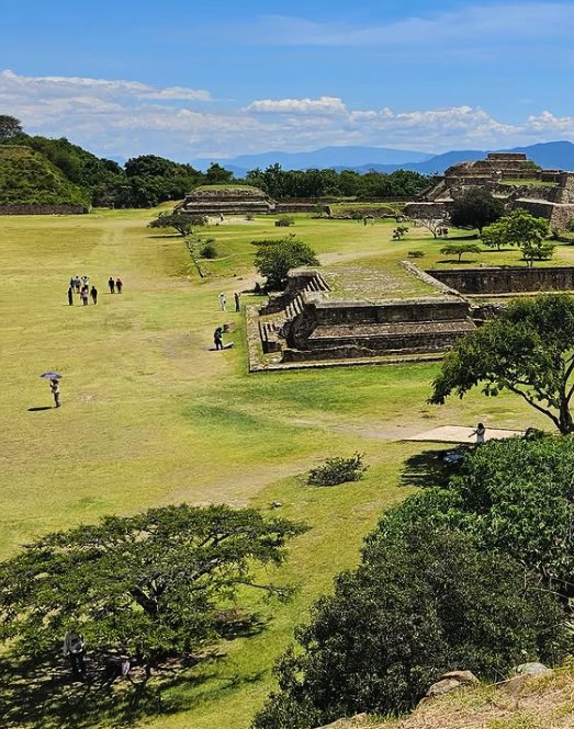 The Monte Alban plaza in green, the platforms stepping up on the far side