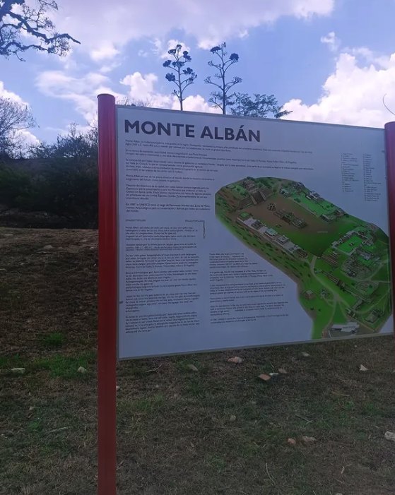 The interpretation board at Monte Alban carrying the plan of the plaza and its structures